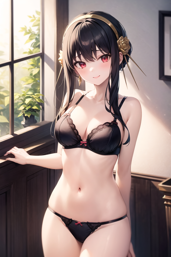 Yor - NSFW, Anime, Neural network art, Anime art, Boobs, Stomach, Navel, Red eyes, Yor Forger, Spy X Family, Underwear