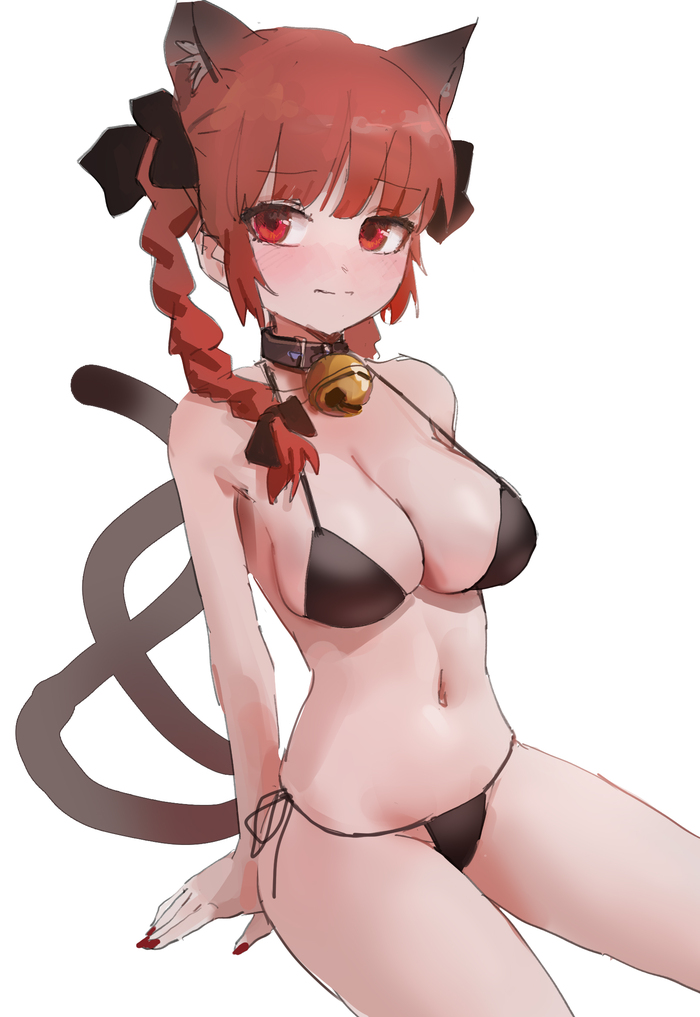 Rin - NSFW, Touhou, Kaenbyou rin, Art, Anime, Anime art, Boobs, Tail, Animal ears, Hand-drawn erotica, Erotic, Reddizen, Swimsuit