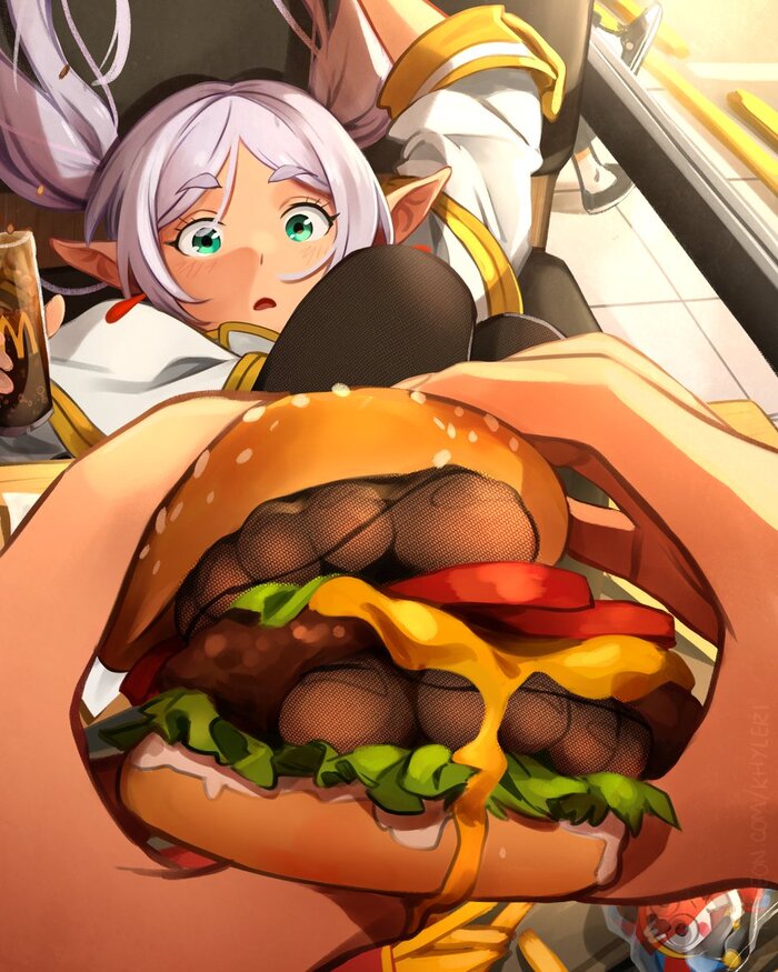 With the taste of Frieren legs - NSFW, Erotic, Art, Frieren, Sousou no Frieren, Girls, Tights, Burger, Foot fetish, McDonald's, Hand-drawn erotica, Anime art, Twitter (link), Khyleri, Legs