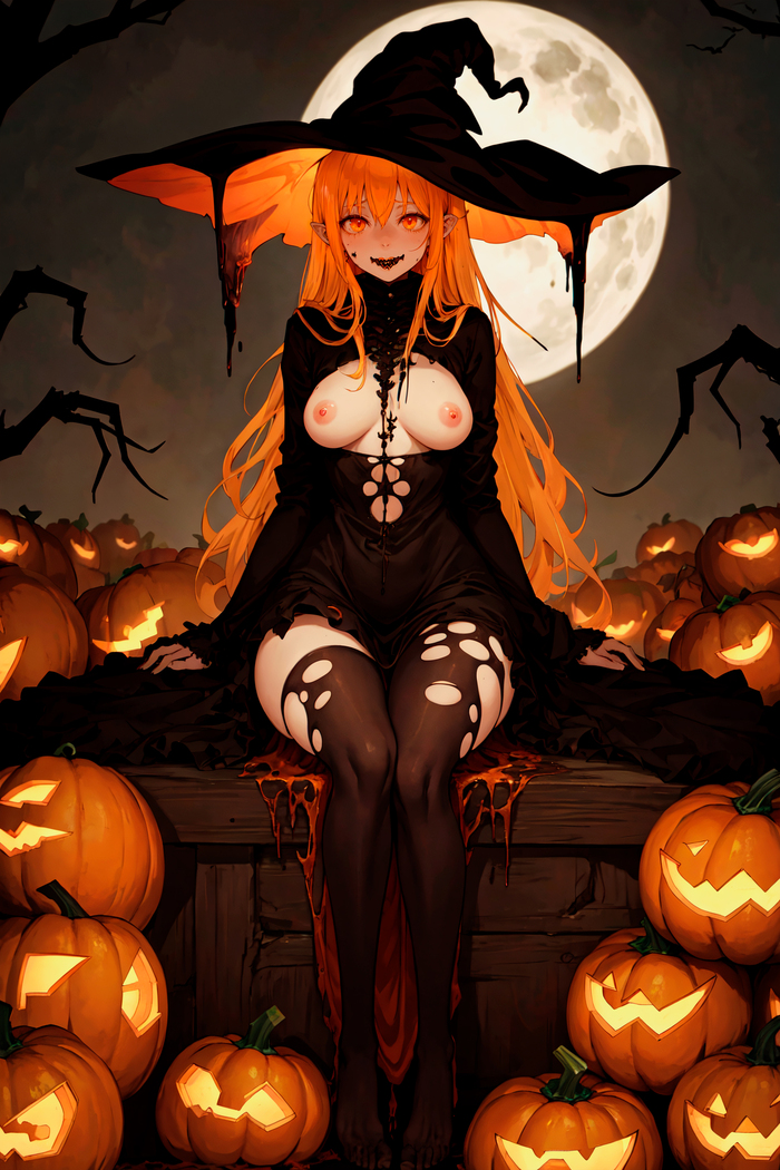 Halloween Pumpkin - NSFW, My, Stable diffusion, Anime art, Neural network art, Halloween, Halloween pumpkin, Monster, Monster girl, Pumpkin, Full moon, moon, Hand-drawn erotica, Boobs, Hat, Witches, Stockings, Redheads, Digital drawing