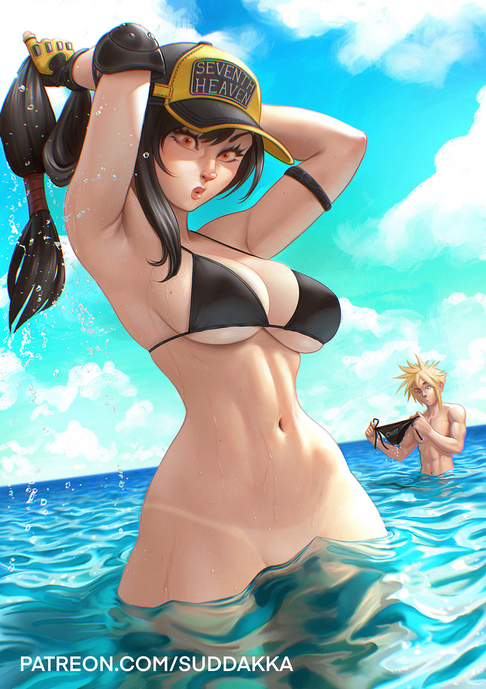 On the beach - NSFW, Games, Art, Erotic, Tifa lockhart, Cloud Strife, Twitter (link), Final fantasy vii