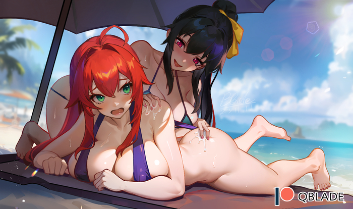 Let's spread it - NSFW, Art, Anime, Anime art, Hand-drawn erotica, Erotic, Rias Gremory, Himejima akeno, Swimsuit, High School DXD