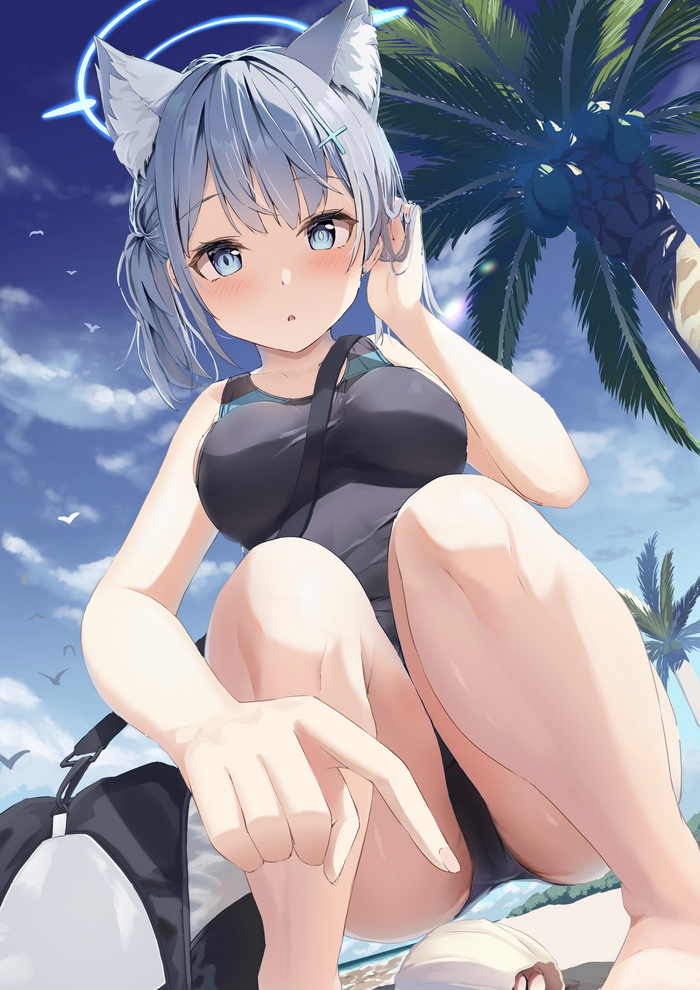 Sunaookami Shiroko - NSFW, Anime, Anime art, Art, Girls, Sunaookami shiroko, Animal ears, Swimsuit, Hand-drawn erotica, Games, Blue archive