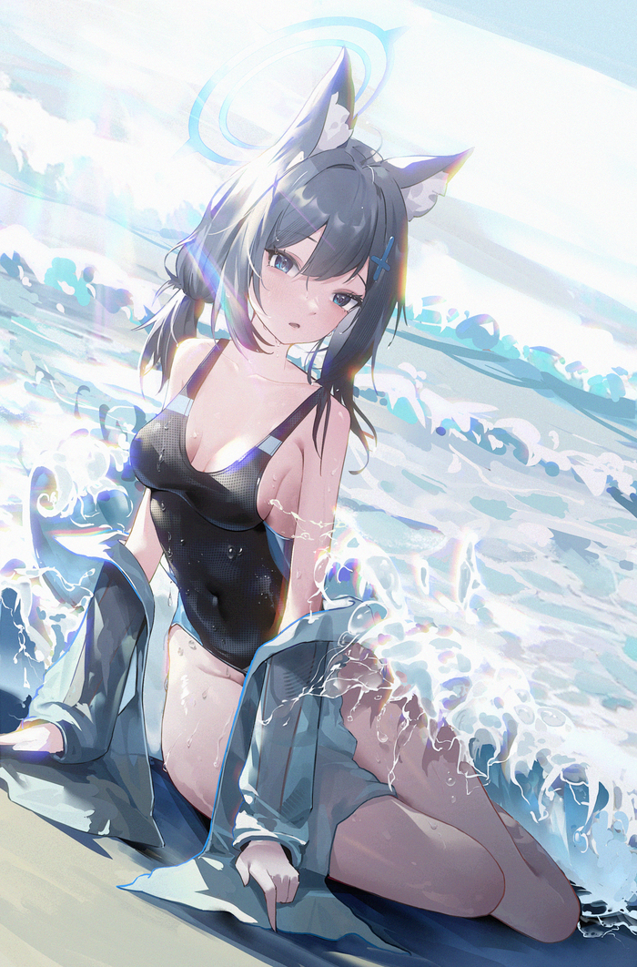 Sunaookami Shiroko - NSFW, Anime, Anime art, Art, Girls, Sunaookami shiroko, Games, Animal ears, Swimsuit, Blue archive