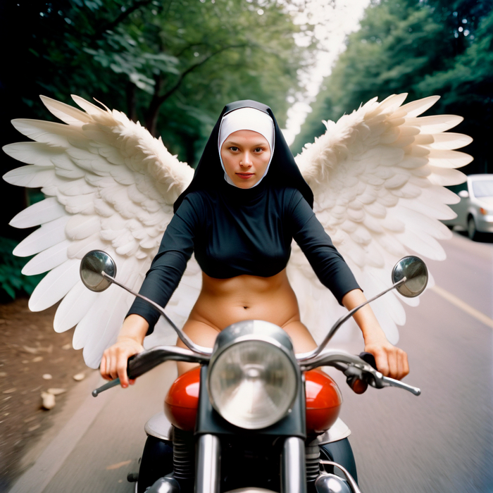 The nun hurries to the rescue - NSFW, My, Erotic, Girls, Neural network art, Artificial Intelligence, Art, Nun, Moto, Wings, Stable diffusion