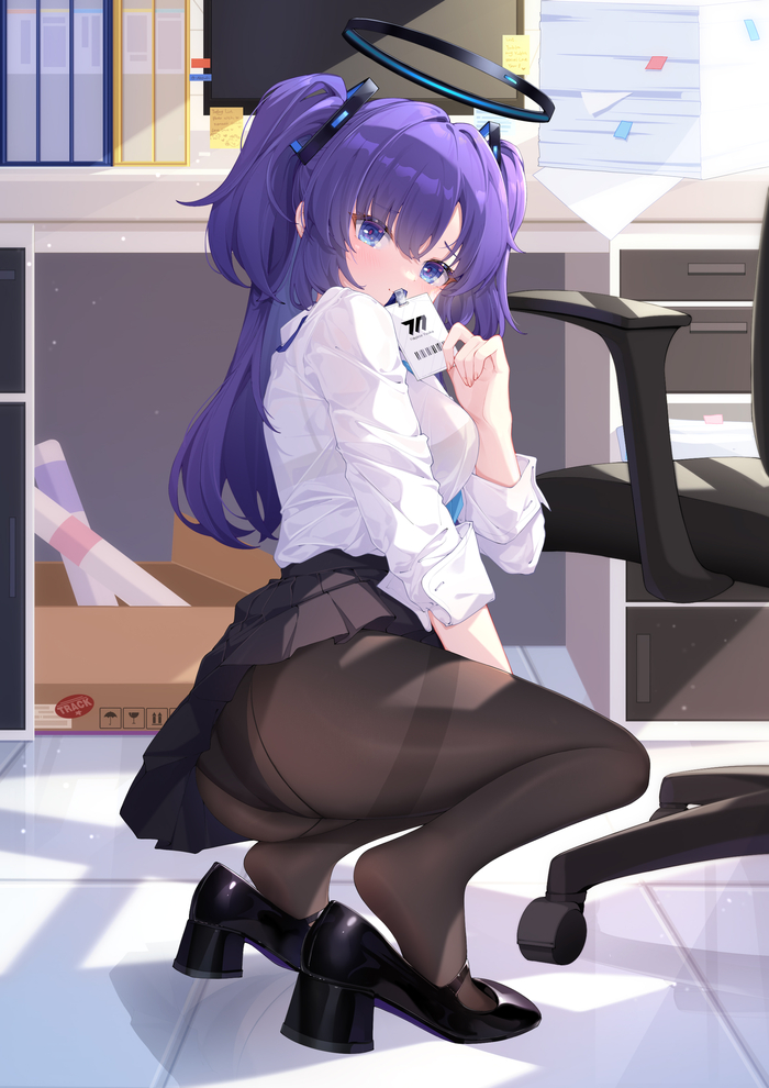 Office lady - NSFW, Anime, Anime art, Art, Blue archive, Hayase Yuuka, Tights, Pantsu, Erotic, Hand-drawn erotica, Booty