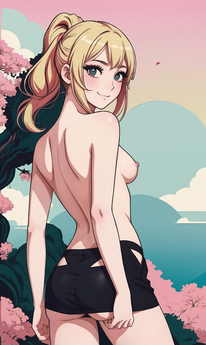 Hello - NSFW, My, Anime, Anime art, Neural network art, Stable diffusion, Girls, Phone wallpaper, Blonde, Topless, Art