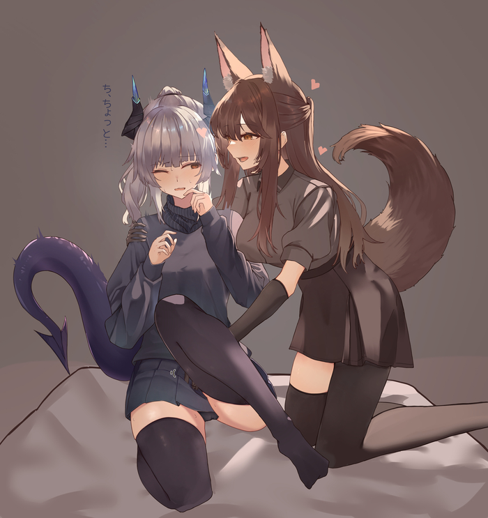 Liskarm & Franka - NSFW, Anime art, Anime, Yuri, Arknights, Liskarm, Franka, Animal ears, Horns, Tail, Underwear