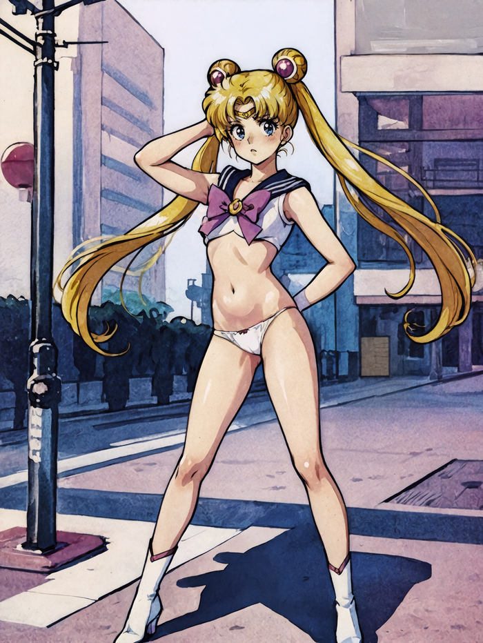 Simplified Sailor Moon costume - NSFW, My, Erotic, Anime art, Anime, Neural network art, Stable diffusion, Нейронные сети, Phone wallpaper, Sailor Moon, Underpants, Hand-drawn erotica, Retro, Blonde, Underwear, Boots, School uniform, Diadem