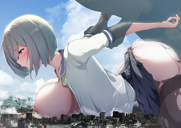 Секс в большом городе - NSFW, Секс, Anime Art, Сиськи, Kantai Collection, Hamakaze, Сперма, Город, Разрушение, Dermar, Giantess