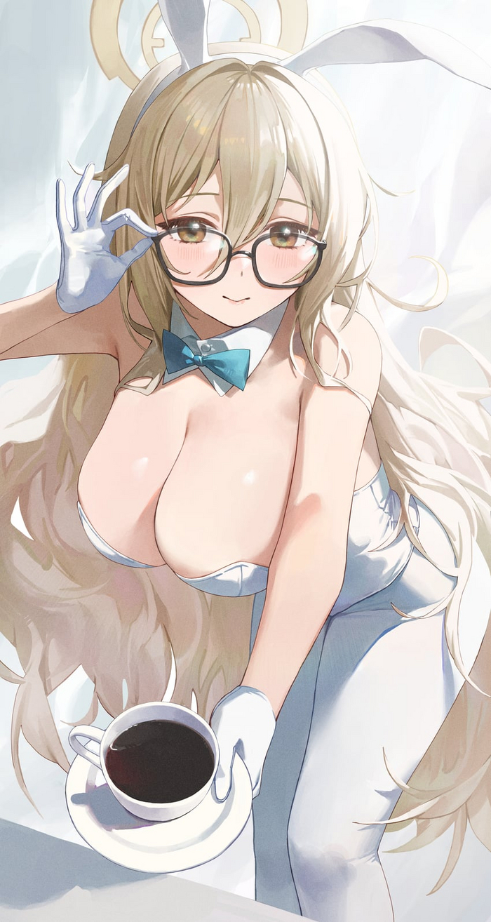 Not enough sleep? - NSFW, Anime, Anime art, Blue archive, Murokasa Akane, Bunnysuit, Bunny ears, Tights, Girl in glasses, Boobs