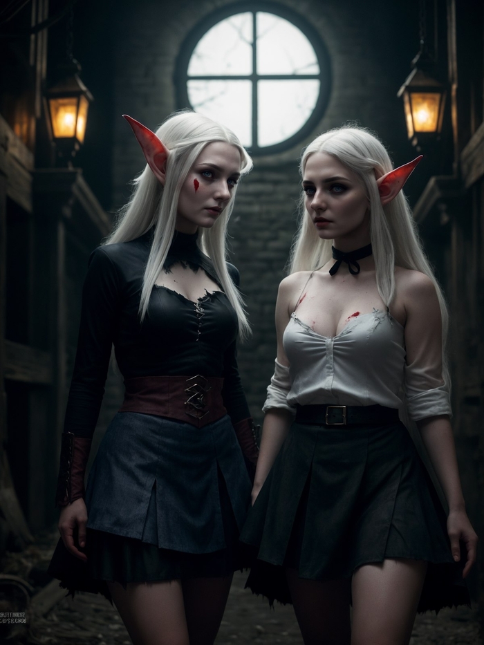 Elves - NSFW, My, Elves, Nipples, Labia, Girls, Fantasy, Underwear, White hair, Longpost