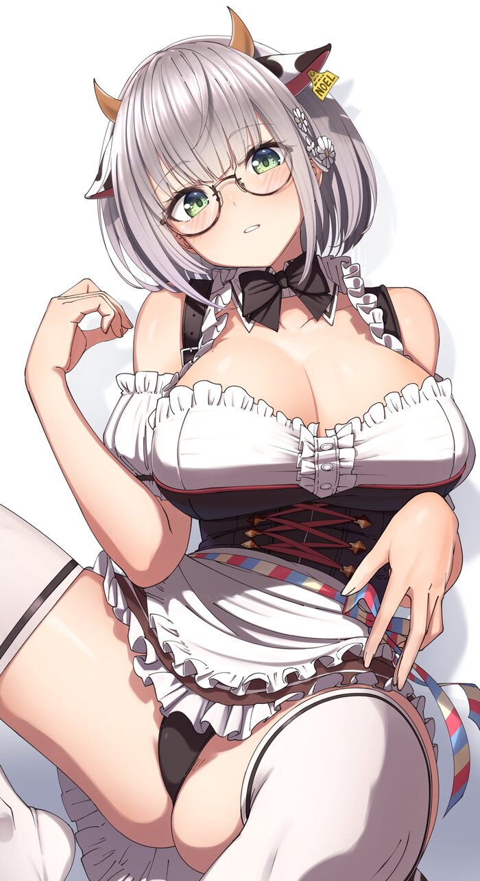 Cow Noel - NSFW, Anime, Anime art, Art, Hololive, Shirogane noel, Virtual youtuber, Housemaid, Megane, Pantsu, Stockings, Girl in glasses, Erotic, Hand-drawn erotica, Glasses