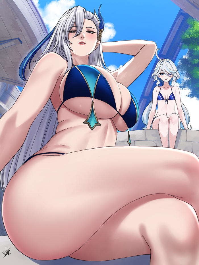 Ara-ara... - NSFW, Xtermination, Art, Anime, Anime art, Hand-drawn erotica, Erotic, Genshin impact, Furina (Genshin Impact), MILF, Swimsuit, Rule 63