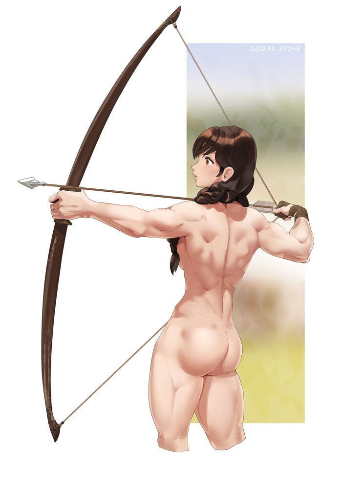archer - NSFW, Art, Drawing, Original character, Archers, Strong girl, Girls, Erotic, Hand-drawn erotica, Boobs, Booty, Naked, Onion, Arrow, Archery