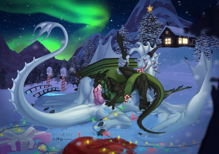 Winter's tale - NSFW, Art, The Dragon, Drake, Furotica, Furotica female, Furotica male, Yiff, Penis, Labia, Digital drawing, Holidays, Presents, Decoration, New Year, Longpost, Ivenvorry, Karukuji