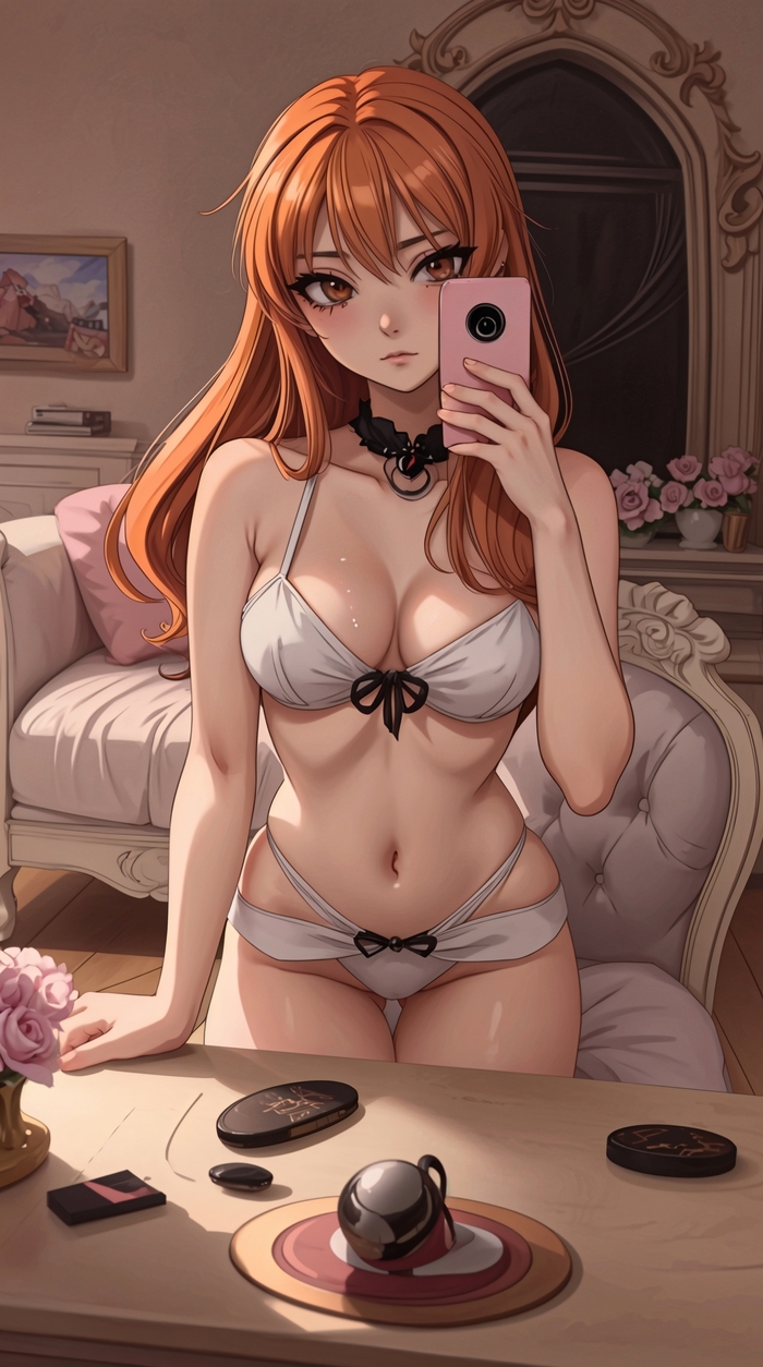 Selfie - NSFW, My, Art, Neural network art, Stable diffusion, Anime, Girls, Erotic, Phone wallpaper, Redheads, Selfie, Swimsuit