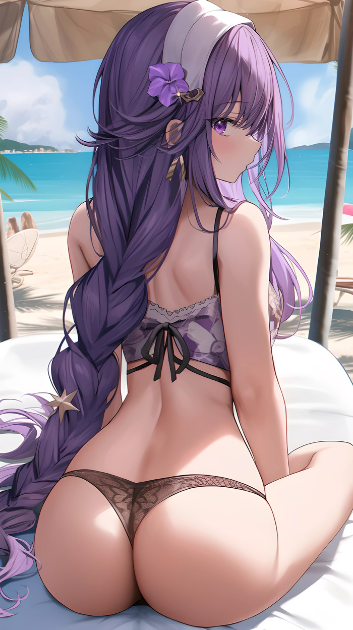 Ei on the beach - NSFW, Anime, Anime art, Pixiv, Neural network art, Raiden Shogun (Genshin Impact), Swimsuit, Booty