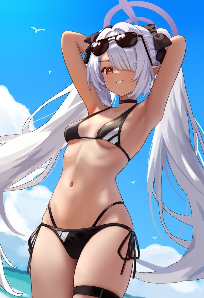 Shiromi Iori - NSFW, Erotic, Anime, Anime art, Art, Blue archive, Shiromi iori, Swimsuit, Choker, Hand-drawn erotica