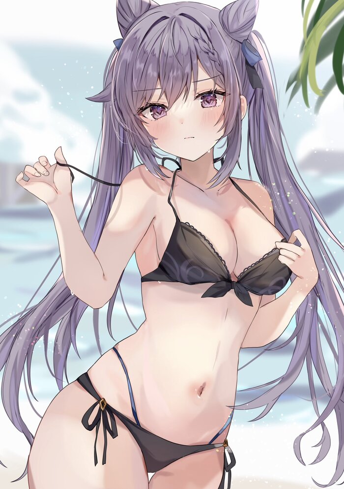 Keqing - NSFW, Anime, Anime art, Genshin impact, Keqing (Genshin Impact), Girls, Games, Summer, Sea, Swimsuit