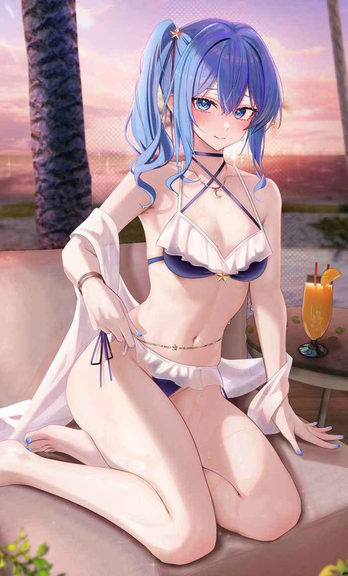 Hoshimachi Suisei - NSFW, Anime art, Anime, Hoshimachi suisei, Hololive, Virtual youtuber, Ru zhai, Swimsuit, Beach, Sea