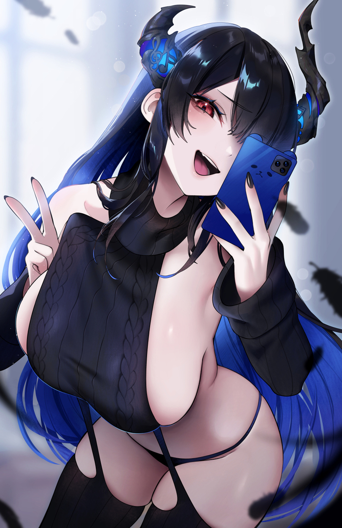 Nerissa - NSFW, Anime art, Anime, Hololive, Virtual youtuber, Nerissa Ravencroft, Tofuubear, Red eyes, Virgin killer sweater