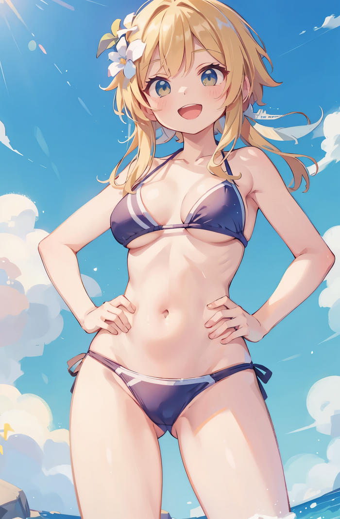 Lumin - NSFW, Genshin impact, Lumine (Genshin Impact), Anime art, Anime, Games, Neural network art, Girls, Swimsuit, Sea, Summer