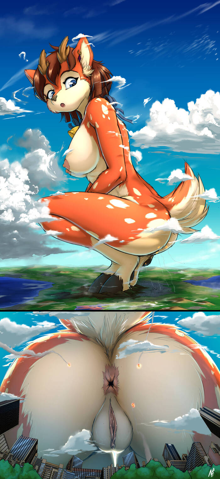 And? Can't sit down? - NSFW, Longpost, Furry, Macro Furries, Giantess, Giga-giantess, Town, Vagina, Anus, Furry deer, Notbad621, Explosion