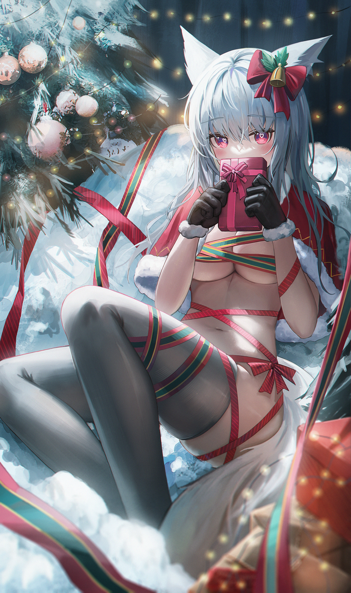 present - NSFW, Anime art, Anime, Frostleaf, Arknights, Animal ears, Flippy (Cripine111), Santa costume, Christmas tree, Presents