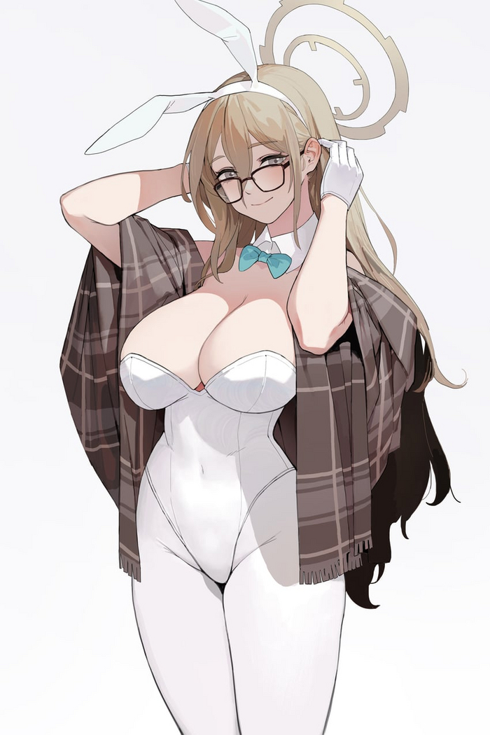 Bunny Akane - NSFW, Anime, Anime art, Blue archive, Murokasa Akane, Bunnysuit, Bunny ears, Tights, Girl in glasses