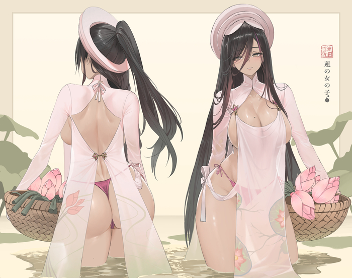 Lotus girl - NSFW, Erotic, Longpost, Art, Anime, Anime art, Original character, Disharmonica, Boobs, Pantsu, Booty, Hand-drawn erotica, Dishwasher1910