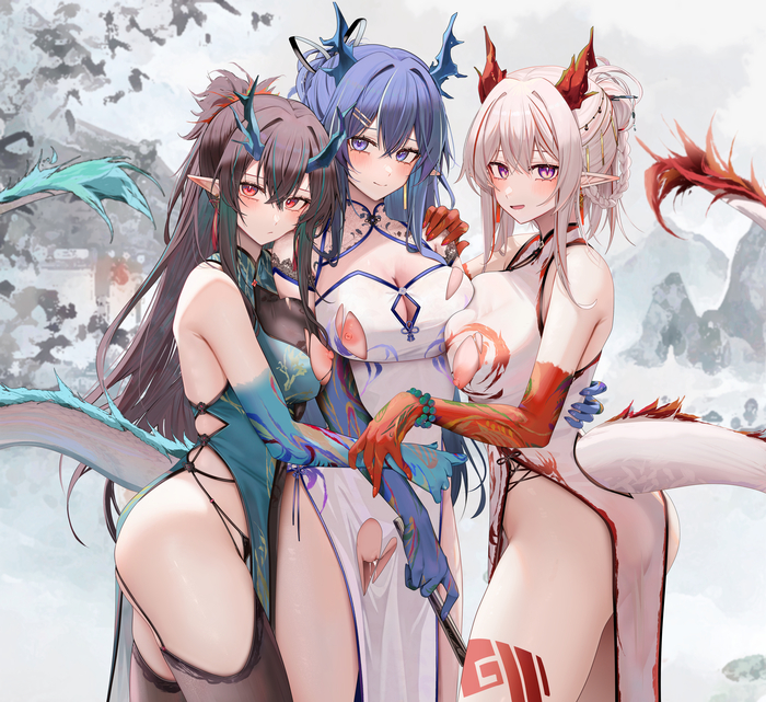 Reply to the post Dragon Sisters - NSFW, Reply to post, Longpost, Anime art, Anime, Nian, Dusk (Arknights), Ling, Arknights, Ru zhai, Qipao, Hand-drawn erotica