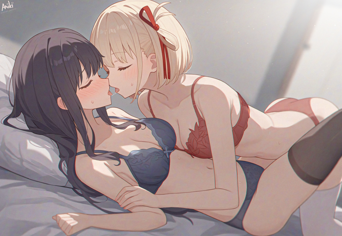 They're getting hotter every day - NSFW, Longpost, Anime, Anime art, Boobs, Stockings, Navel, Stomach, Pantsu, Bra, Underwear, Lycoris Recoil, Nishikigi Chisato, Inoue Takina, Neural network art, Yuri, School uniform, Twitter (link)