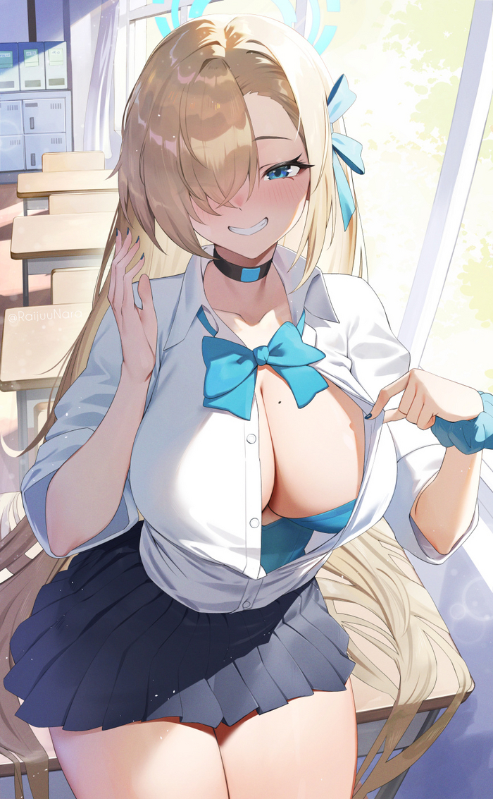 Schoolgirl in the afternoon bunny in the evening - NSFW, Anime, Anime art, Boobs, Blue archive, Bunnysuit, Choker, Ichinose asuna, School uniform, Twitter (link)