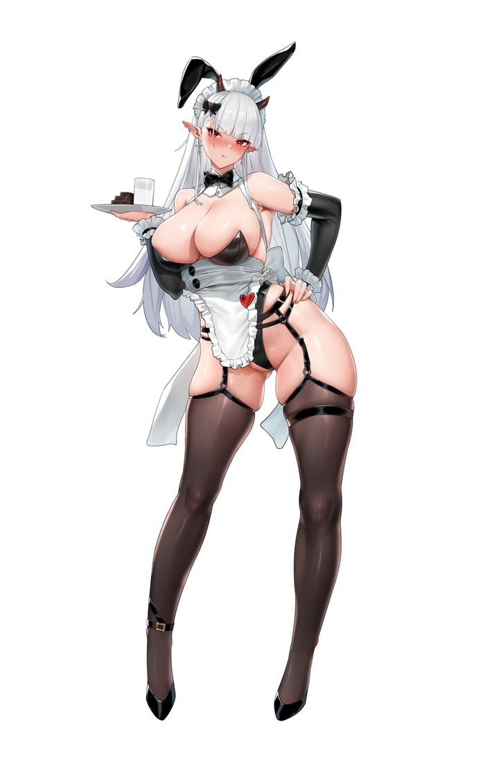 Meat and Dairy Bunny - NSFW, Anime, Anime art, Original character, Bunnysuit, Bunny ears, Stockings, Girl with Horns