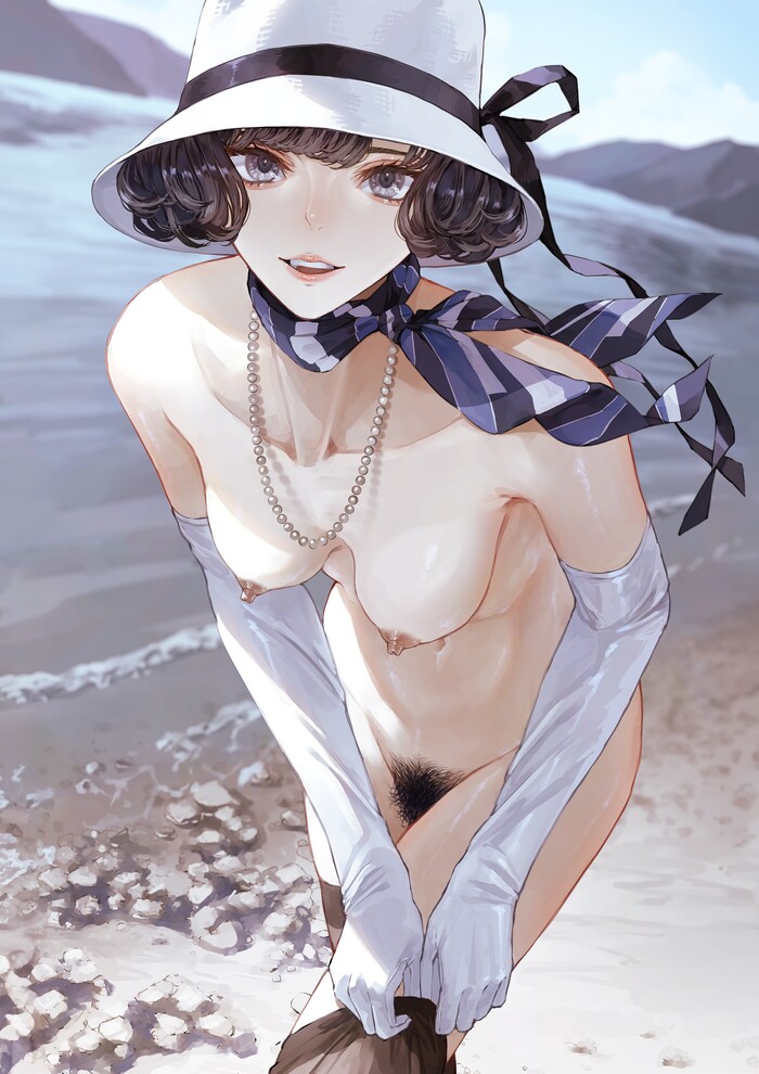 Young lady - NSFW, Girls, Erotic, Art, Anime art, Original character, Hand-drawn erotica, Without underwear, Stockings, Boobs, Pubis, Pubes, Transparency, Wet, Hat, Gloves, Naked, Kaoming (Shibu11), Longpost