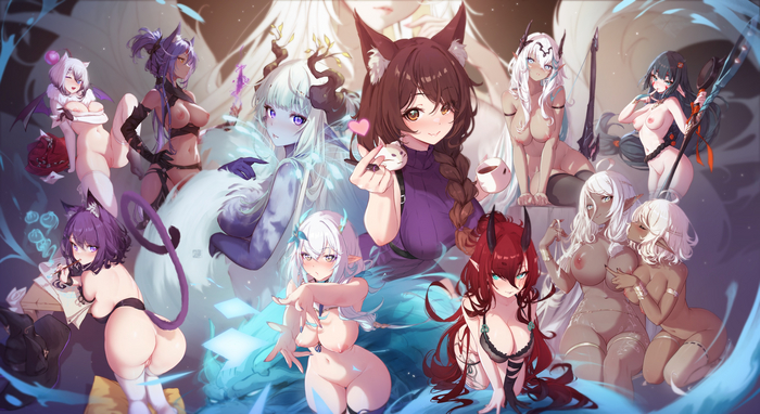 Mitsu Art - NSFW, Anime art, Anime, Original character, Hand-drawn erotica, Mitsu Art, Yuri, Animal ears, Dark Elf, Girl with Horns, Elves, Tail