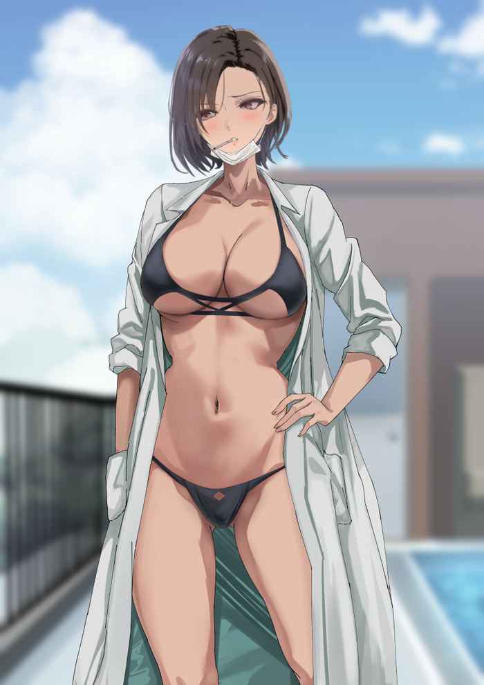 Let's swim? - NSFW, Art, Anime art, Anime, Original character, MILF, Kesoshirou, Boobs, Swimsuit, Erotic, Hand-drawn erotica