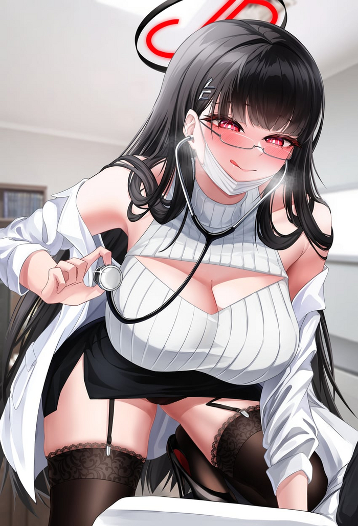 Can I have another nurse? This one is too >_ < - NSFW, Anime, Anime art, Blue archive, Tsukatsuki Rio, Nurses, Stockings, Pantsu, Girl in glasses