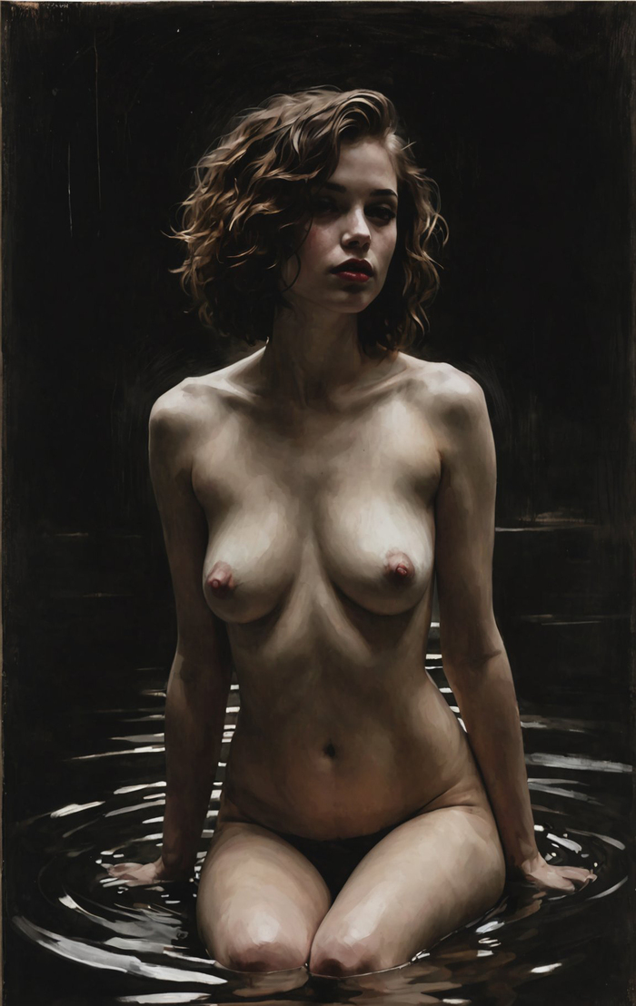 Loneliness - NSFW, My, Erotic, Boobs, Booty, Art, Gothic, Painting, Images, Oil painting, Nipples, Neural network art, Stable diffusion, Neckline