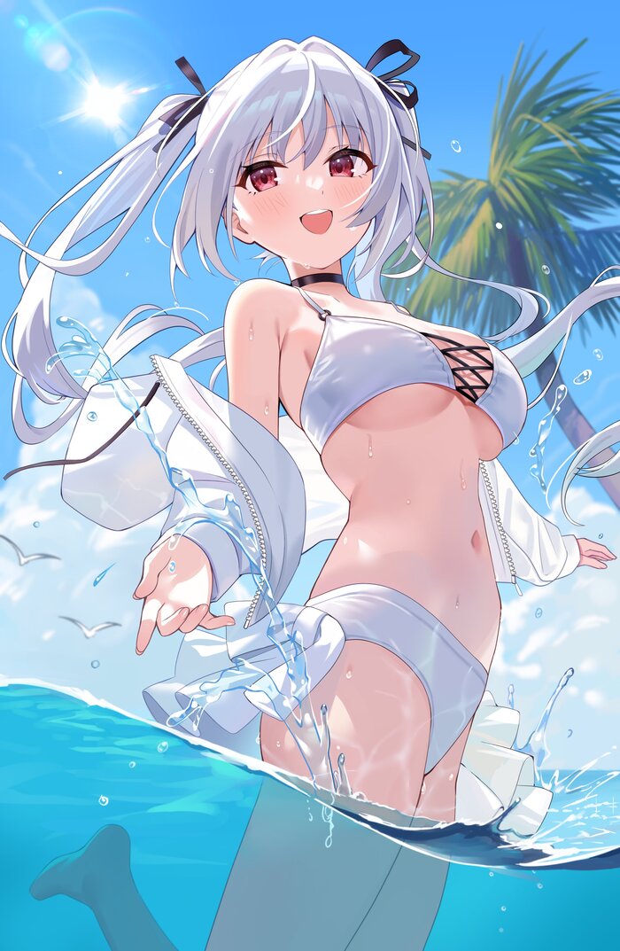 On the sea - NSFW, Anime art, Original character, Summer, Sea, Anime, Swimsuit, Bikini