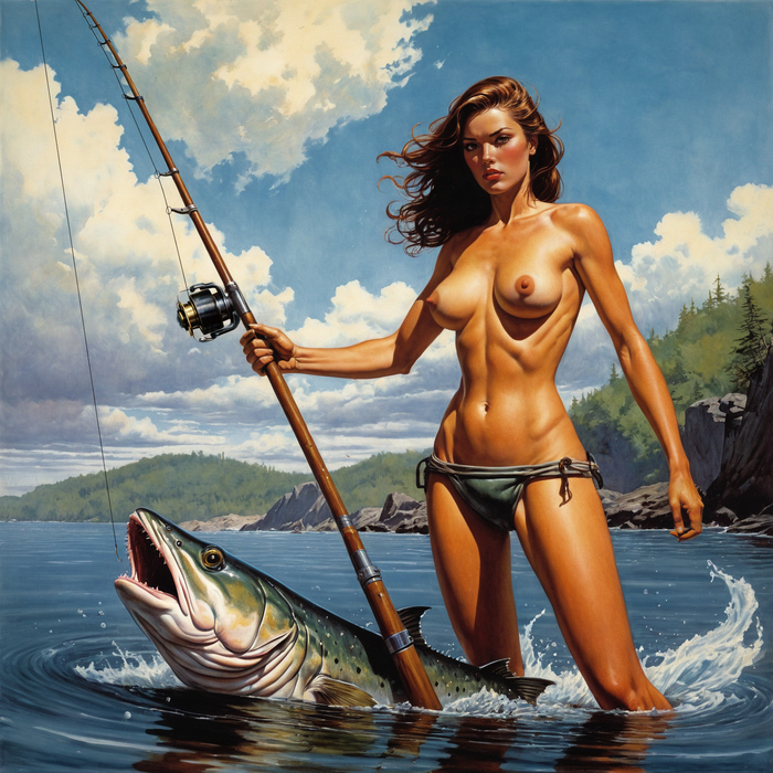 Fishing - NSFW, My, Neural network art, Stable diffusion, Erotic, Art, Boobs, Fishing, A fish, Water, Fishing rod