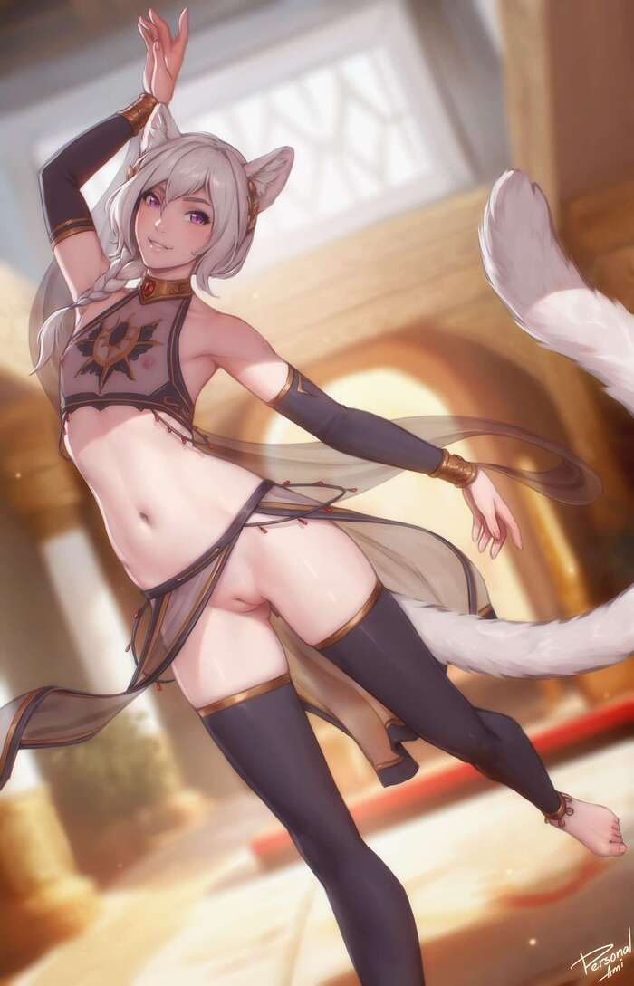 Dancer - NSFW, Art, Drawing, Original character, Fantasy, Neko, Girls, Erotic, Hand-drawn erotica, Underwear, Stockings, Boobs, Without underwear, Pubis, Pubes, Labia, Sperm, Animal ears, Tail, Dancer, Personalami, Longpost