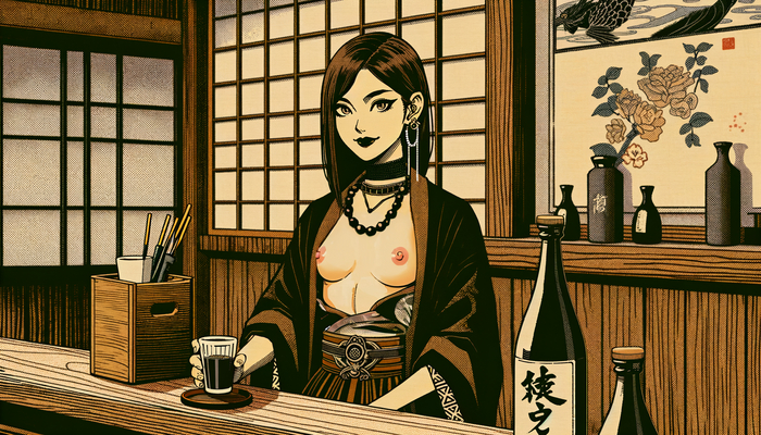 Kampai! - NSFW, My, Erotic, Boobs, Topless, Anime art, Anime, Choker, Neural network art, Dall-e, Japanese, Sake, A restaurant, Hand-drawn erotica, Lipstick, Alcohol, Brunette, Japanese style, Nipples