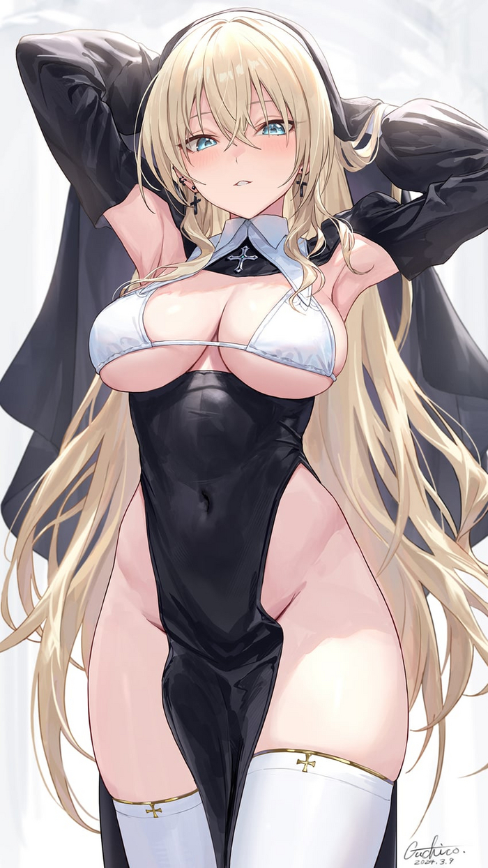 I think I've come to believe - NSFW, Anime, Anime art, Original character, Nun, Stockings, Boobs