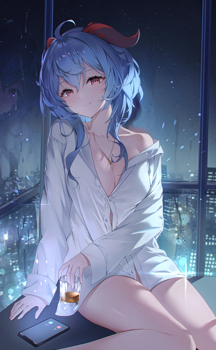 Evening with Gan Yu - NSFW, Genshin impact, Ganyu (Genshin Impact), Anime art, Anime, Girls, Girl with Horns, Games, Art, View from the window, Night city, Hand-drawn erotica