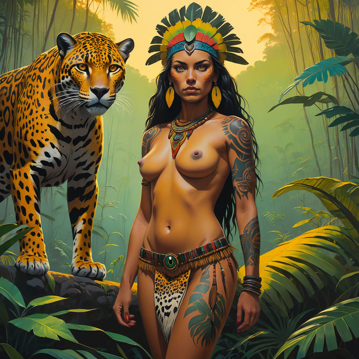 Jaguar - NSFW, My, Neural network art, Stable diffusion, Erotic, Boobs, Art, Indians, Jaguar, Tattoo