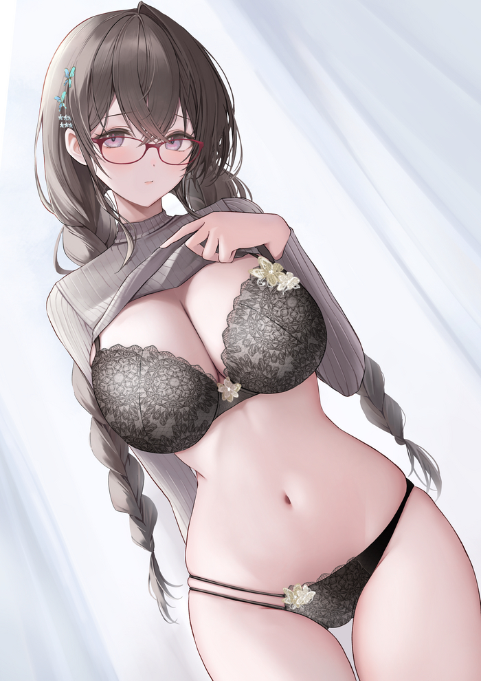 Continuation of the post Cutie with glasses - NSFW, Art, Anime, Anime art, Hand-drawn erotica, Erotic, Original character, Glasses, Swimsuit, Underwear, Huziko32, Reply to post