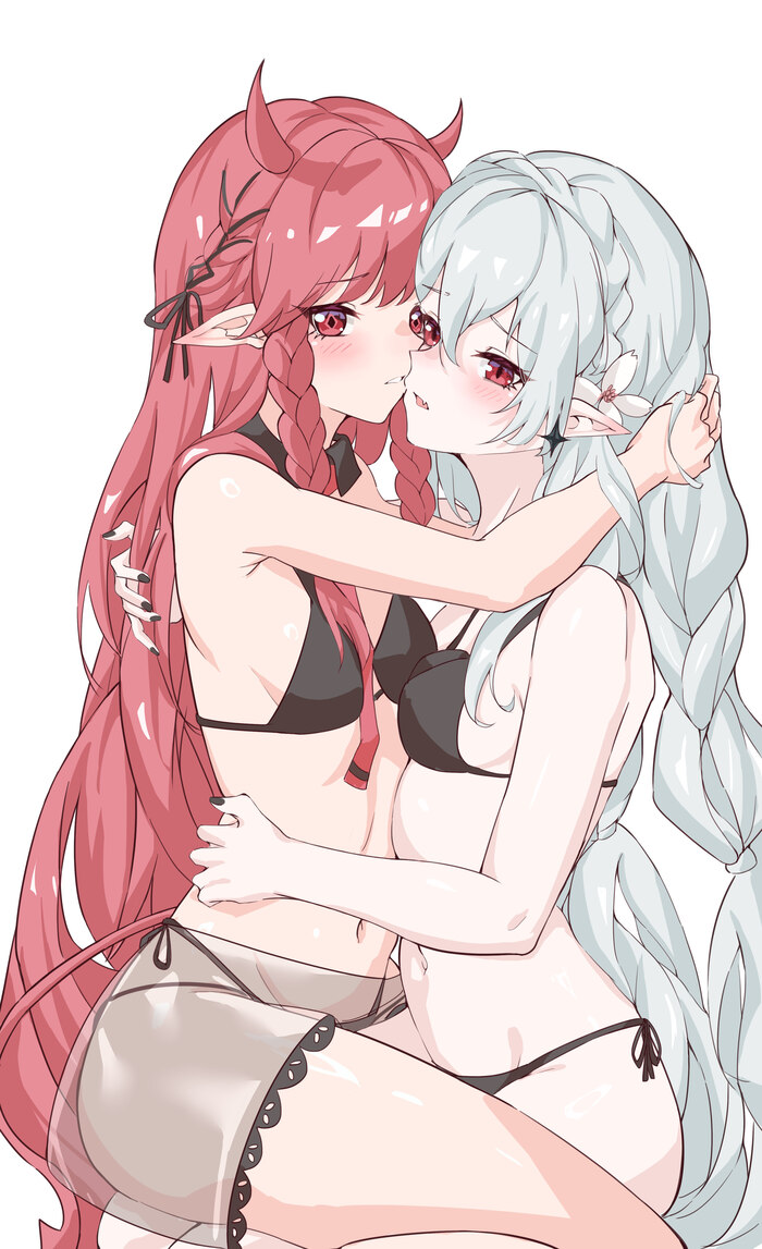 Vigna & Warfarin - NSFW, Anime Art, Аниме, Yuri, Arknights, Vigna (Arknights), Warfarin, Поцелуй, Сиськи, Голые, Купальник, Подруга, Длиннопост