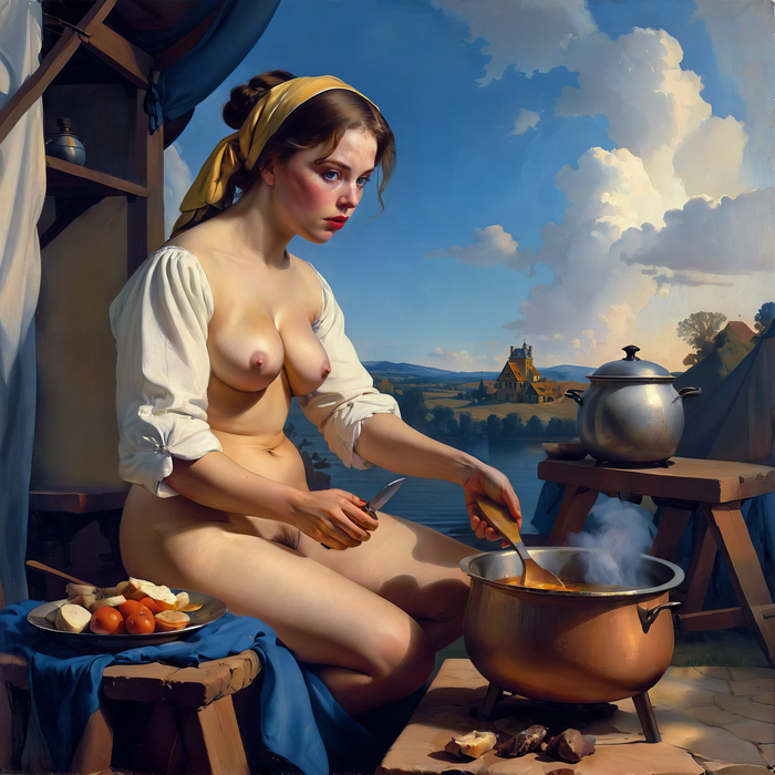 Thought - NSFW, My, Neural network art, Stable diffusion, Art, Erotic, Boobs, Field kitchen, Boiler